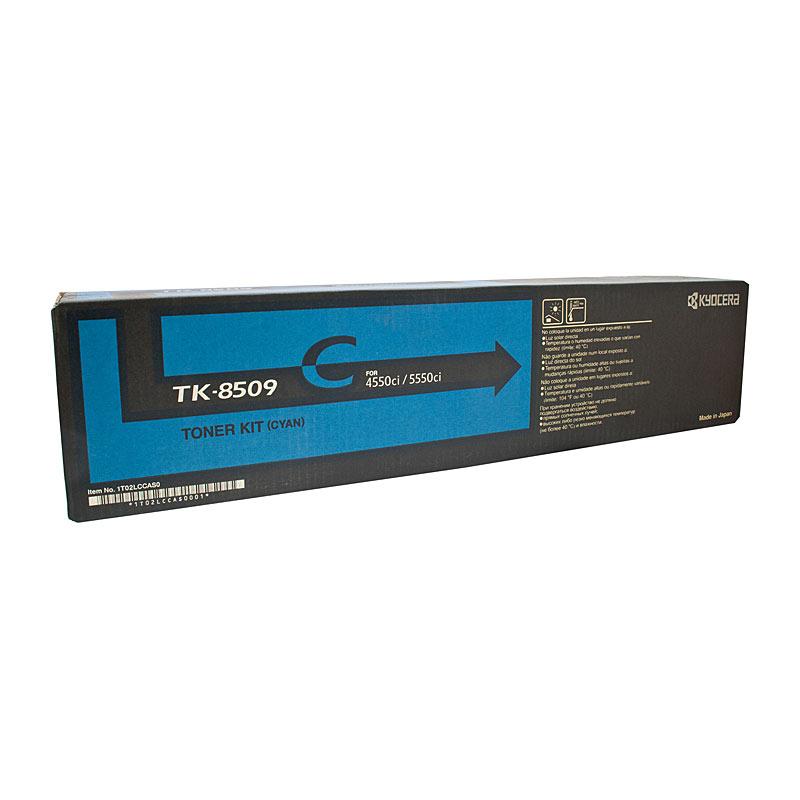 KYOCERA TK8509C Cyan Toner cartridge, designed for high-quality printing with a yield of 30,000 pages, compatible with various Kyocera printers.