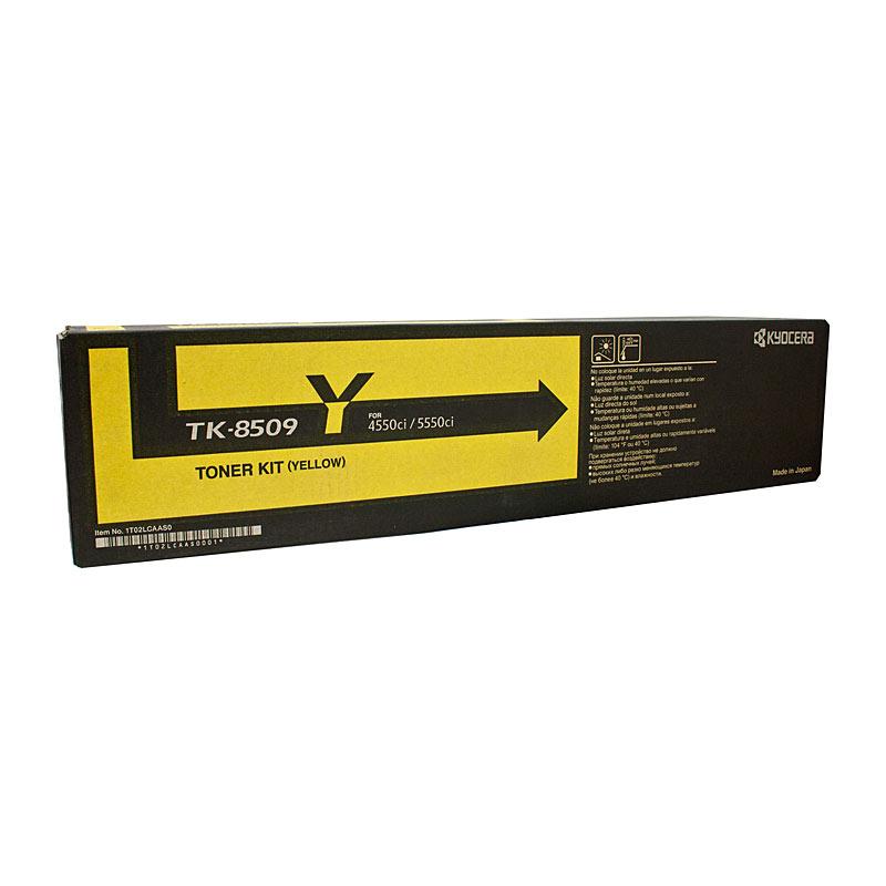 KYOCERA TK8509Y Yellow Toner cartridge with packaging, designed for high-quality printing.