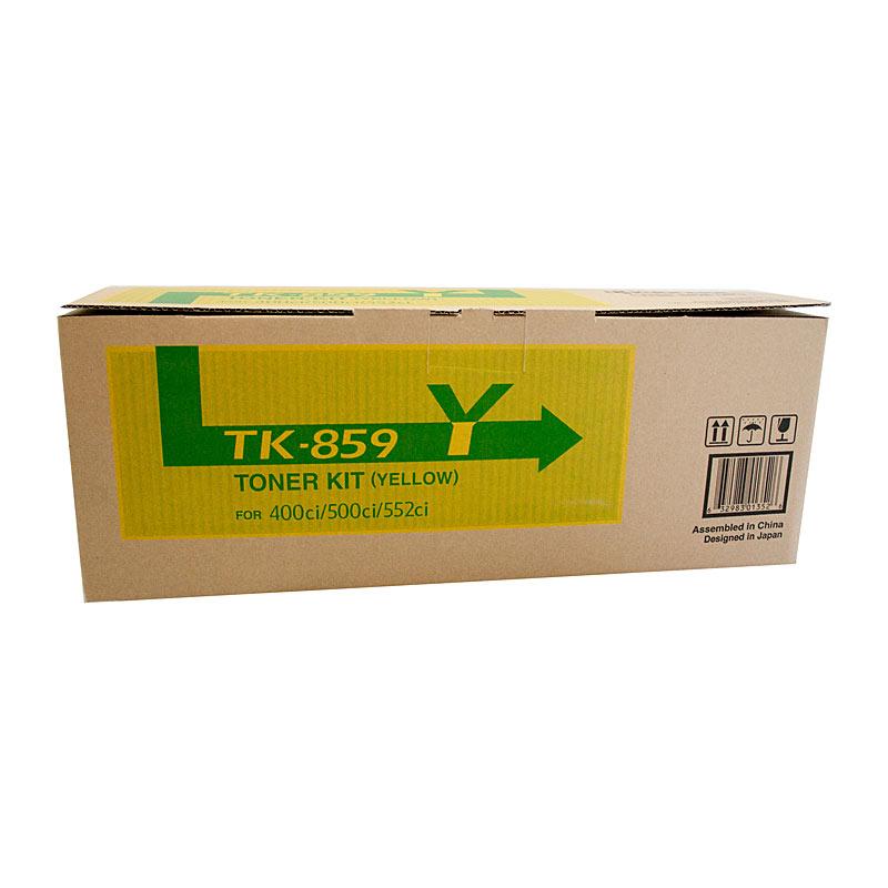 KYOCERA TK859 Yellow Toner cartridge, designed for high-quality printing with a yield of 18,000 pages, compatible with TASKALFA 400CI and 500CI printers.