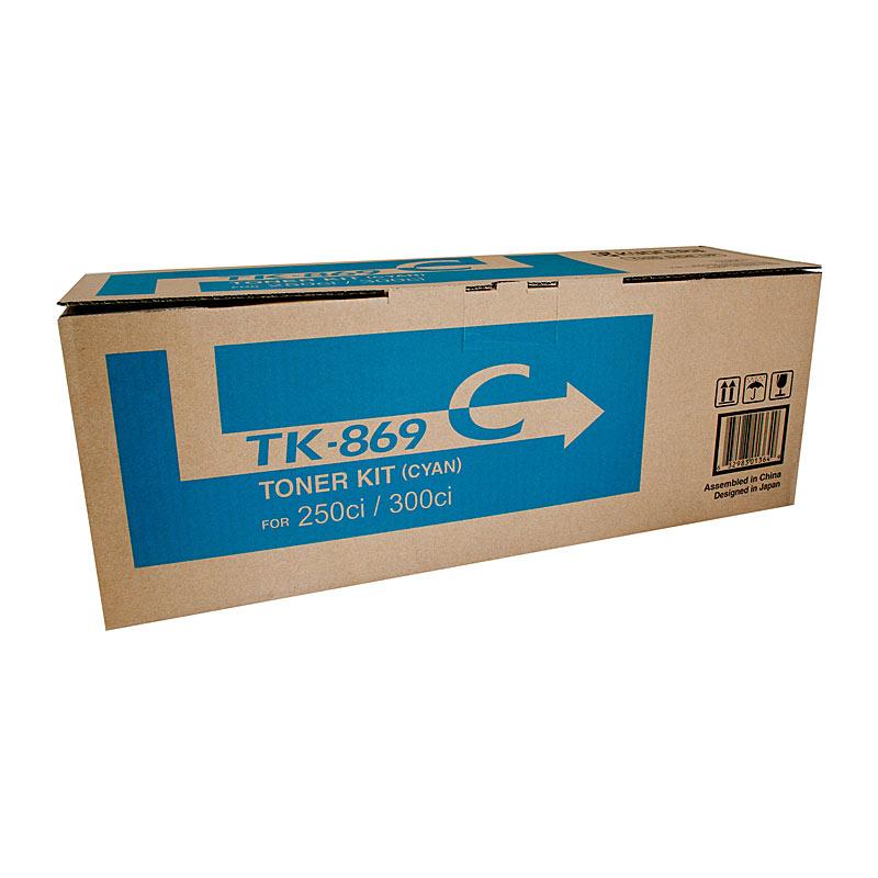 KYOCERA TK869C Cyan Toner cartridge, designed for high-quality printing with a yield of 12,000 pages, compatible with TASKALFA 250CI and 300CI printers.