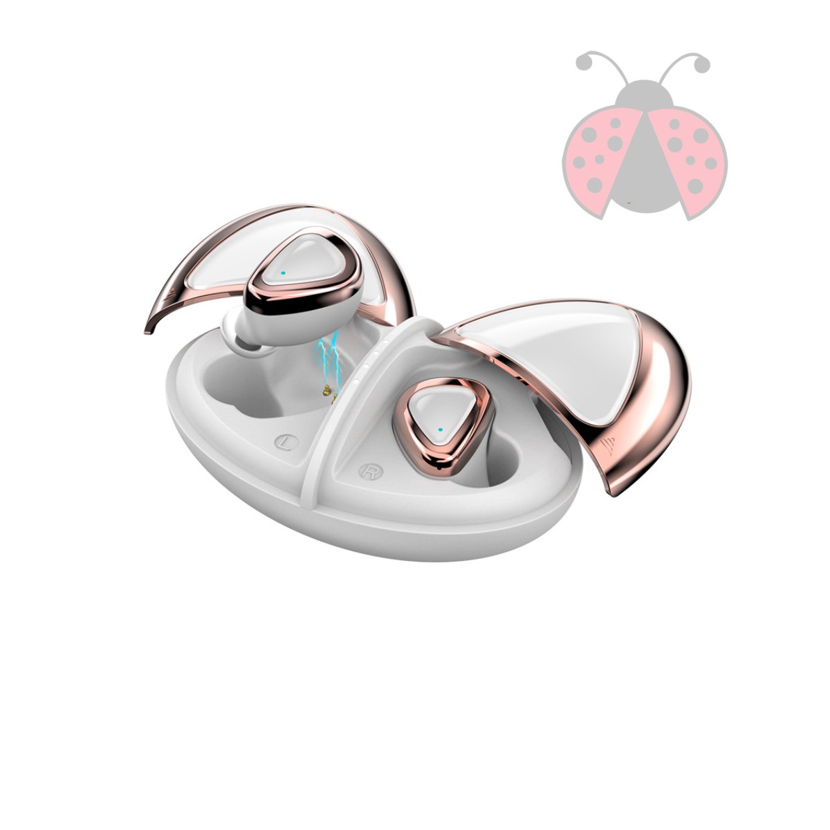 Ladybug 2 in 1 Bluetooth Ear-Pods and Charger in rose gold and silver, showcasing its stylish design and compact size.