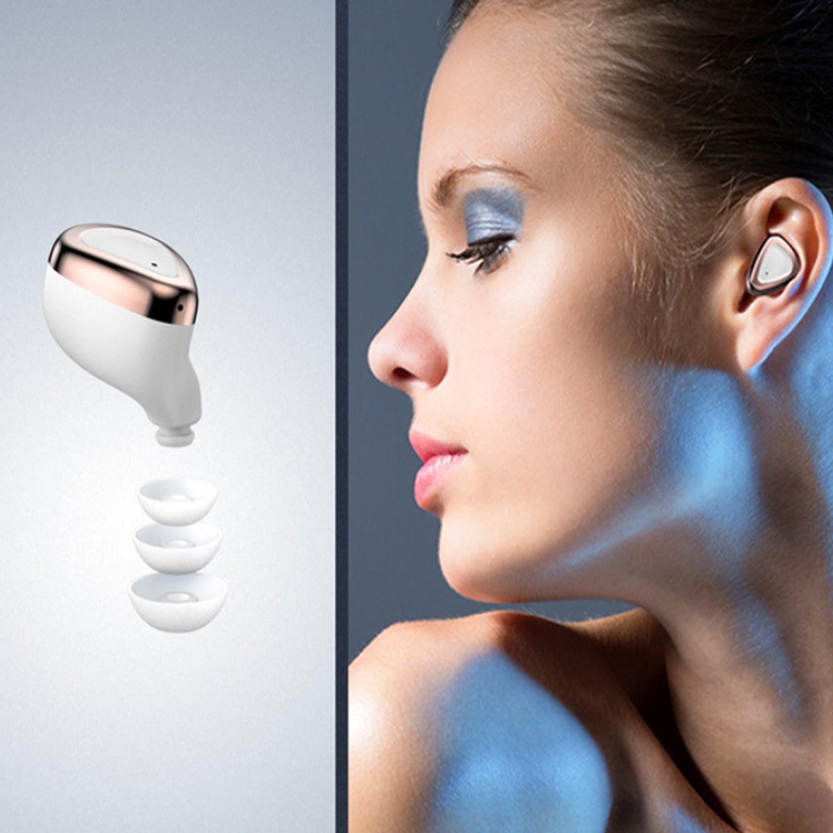 Ladybug 2 in 1 Bluetooth Ear-Pods and Charger in rose gold and silver, showcasing its stylish design and compact size.