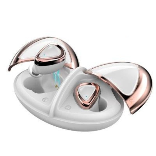 Ladybug 2 in 1 Bluetooth Ear-Pods and Charger in rose gold and silver, showcasing its stylish design and compact size.