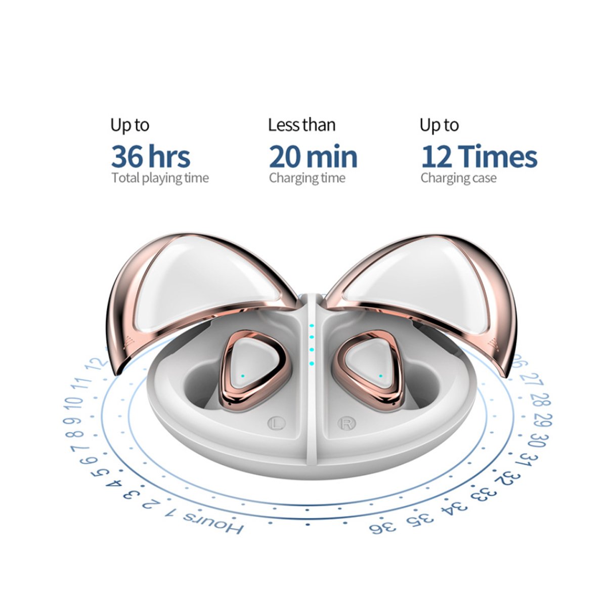 Ladybug 2 in 1 Bluetooth Ear-Pods and Charger in rose gold and silver, showcasing its stylish design and compact size.