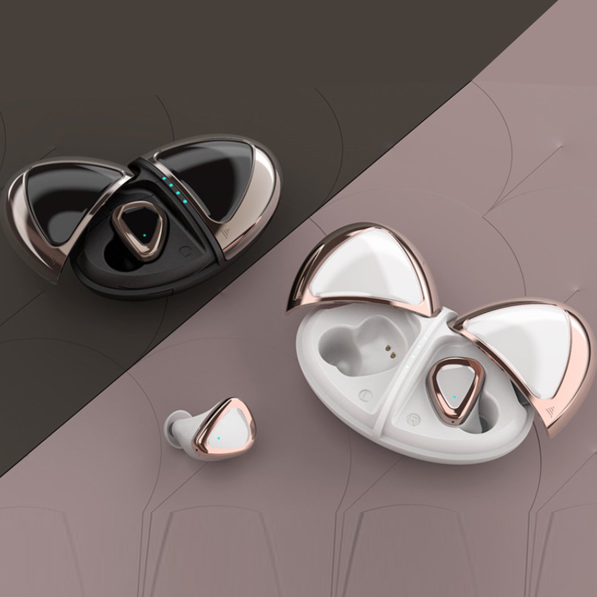 Ladybug 2 in 1 Bluetooth Ear-Pods and Charger in rose gold and silver, showcasing its stylish design and compact size.