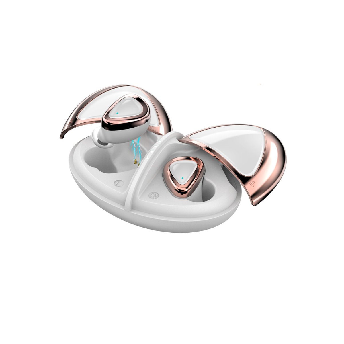 Ladybug 2 in 1 Bluetooth Ear-Pods and Charger in rose gold and silver, showcasing its stylish design and compact size.