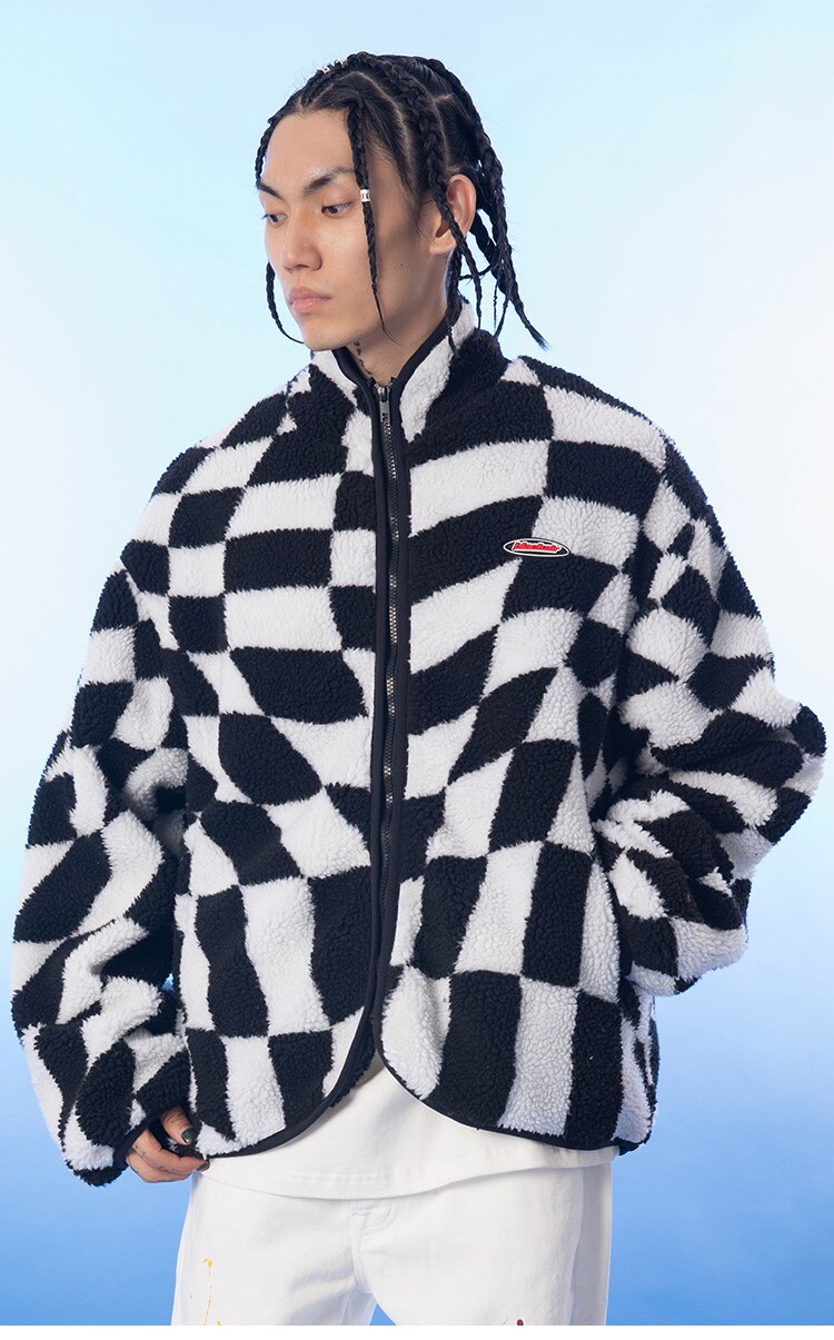 Men's lambswool jacket in plaid print, featuring a zipper closure and cozy design, perfect for winter wear.