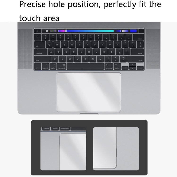 Transparent frosted touchpad film for MacBook Pro 16 inch, showcasing its dust-proof and scratch-resistant features.