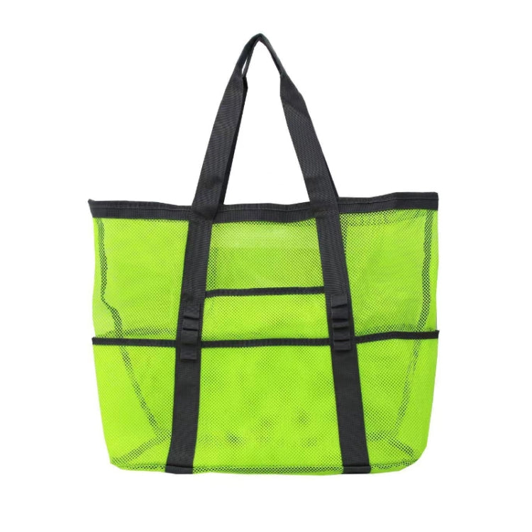 Large Capacity Mesh Swimming Tote Beach Bag in Fluorescent Green, featuring multiple pockets and a lightweight design, perfect for beach outings.