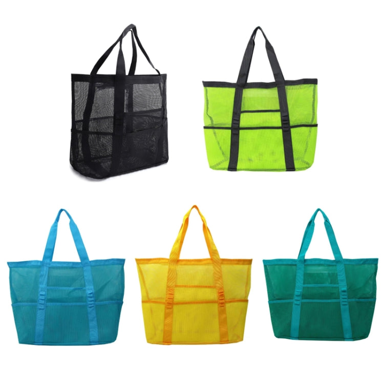 Large Capacity Mesh Swimming Tote Beach Bag in Fluorescent Green, featuring multiple pockets and a lightweight design, perfect for beach outings.