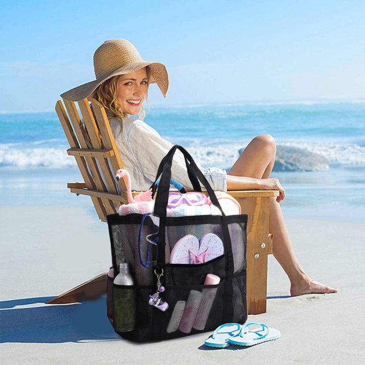 Large Capacity Mesh Swimming Tote Beach Bag in Fluorescent Green, featuring multiple pockets and a lightweight design, perfect for beach outings.