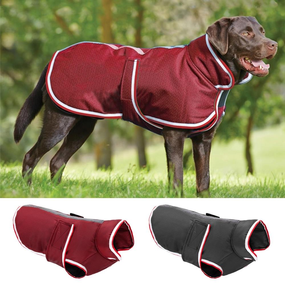 Large dogs winter cloak in gray and red, made of fleece, featuring reflective material for safety and waterproof design.