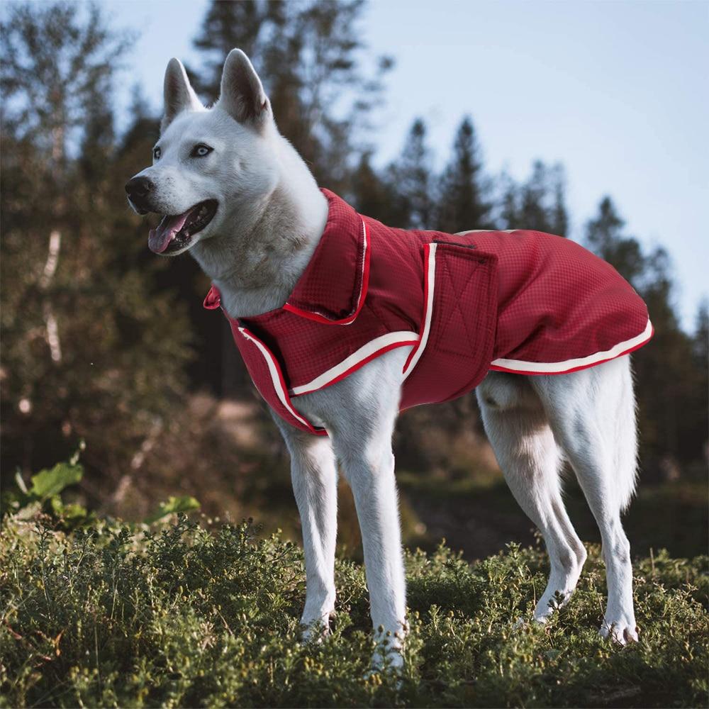 Large dogs winter cloak in gray and red, made of fleece, featuring reflective material for safety and waterproof design.