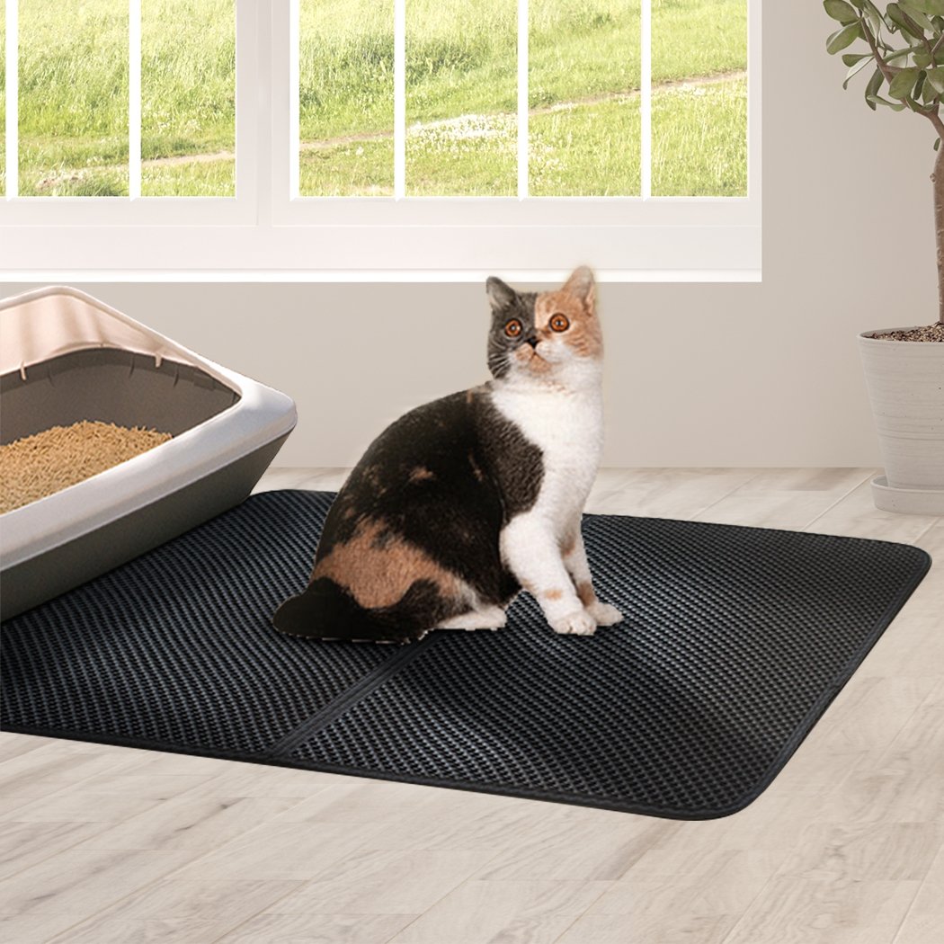 Large waterproof double layer cat litter mat trapper in grey, designed to trap litter and keep floors clean, made of durable EVA material.