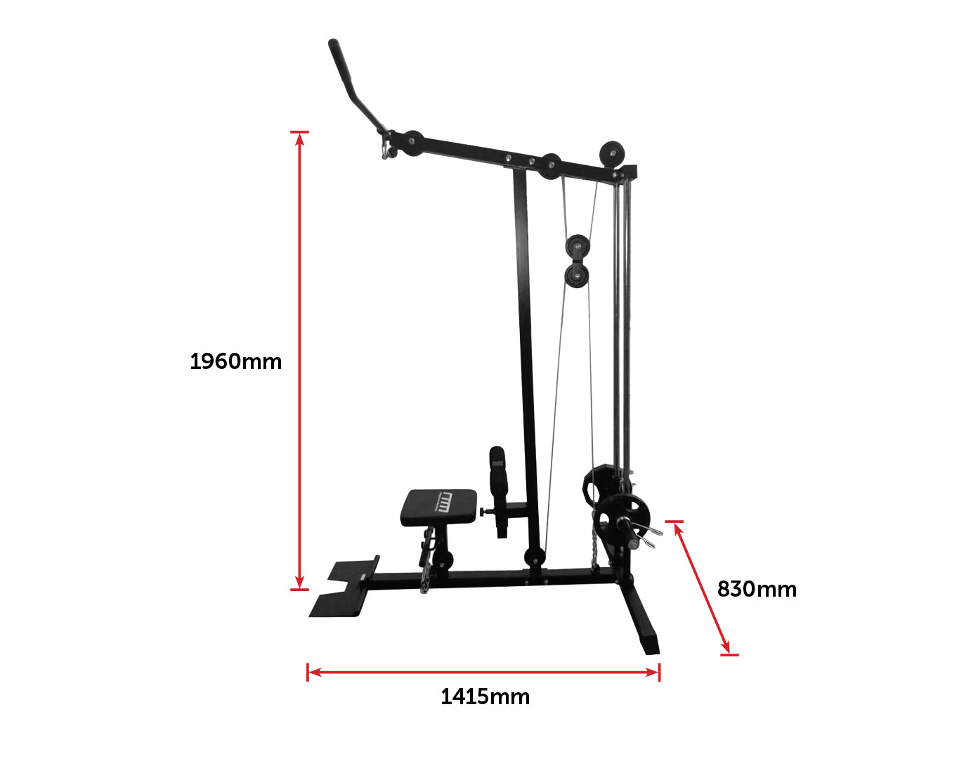 Lat PullDown Low Row Fitness Machine with adjustable seat and foot plate, showcasing heavy-duty steel construction and dual guide rod system.