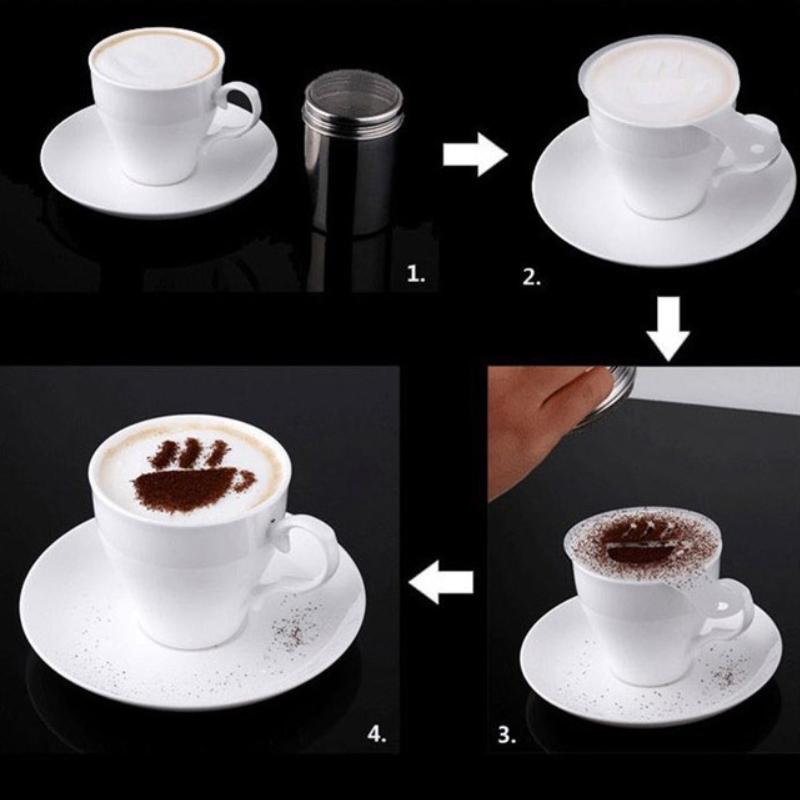 Latte Lover's Coffee Design Topper Tool set featuring various designs for creating latte art, displayed on a wooden table with coffee cups.