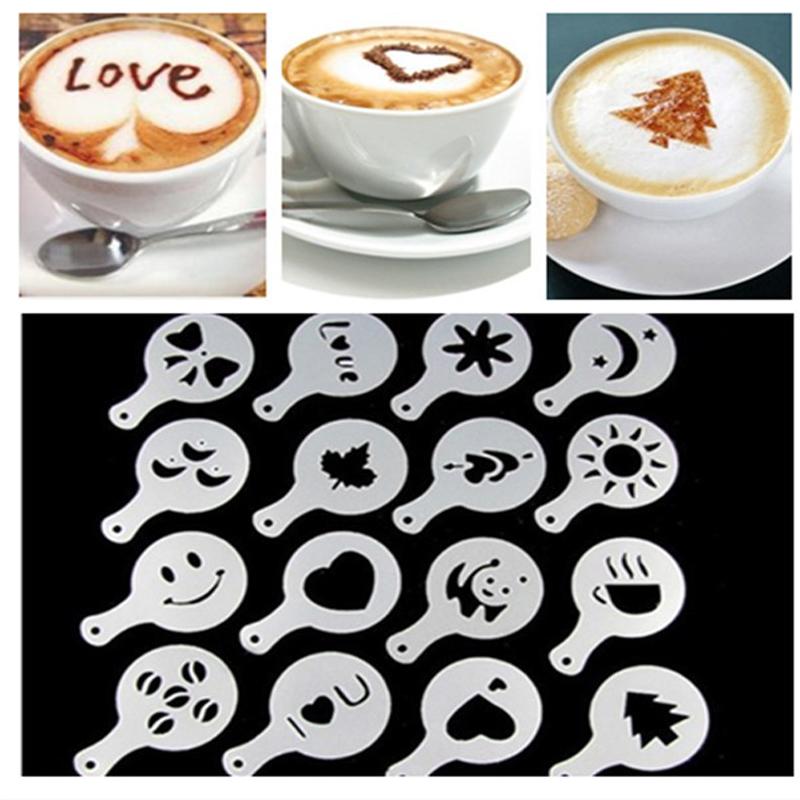 Latte Lover's Coffee Design Topper Tool set featuring various designs for creating latte art, displayed on a wooden table with coffee cups.