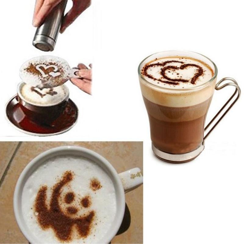 Latte Lover's Coffee Design Topper Tool set featuring various designs for creating latte art, displayed on a wooden table with coffee cups.