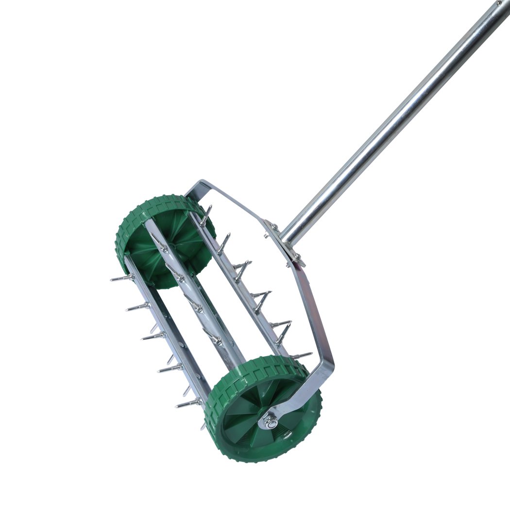 Lawn Aerator Roller with galvanized steel spikes and ergonomic handle, designed for effective soil aeration in gardens.