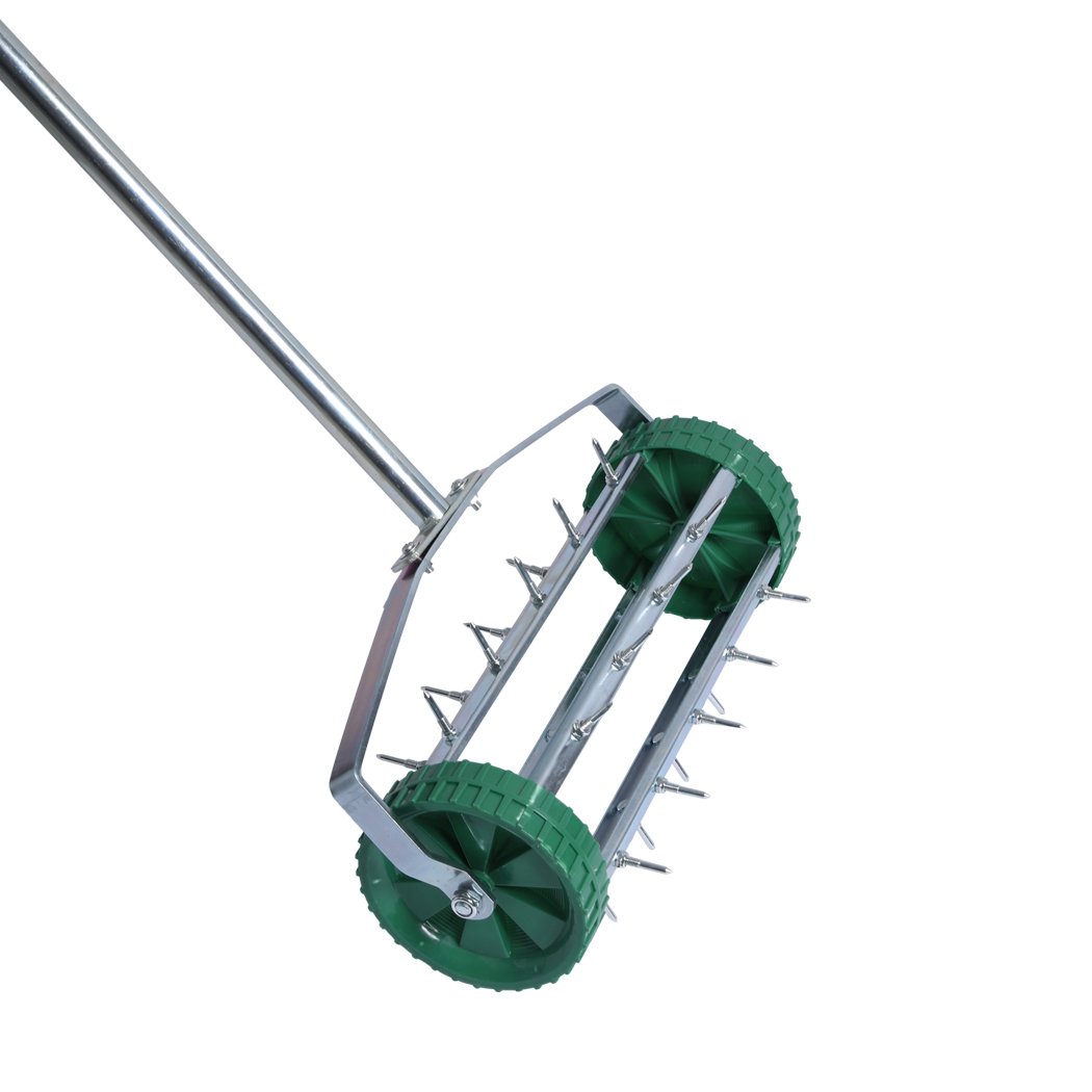 Lawn Aerator Roller with galvanized steel spikes and ergonomic handle, designed for effective soil aeration in gardens.