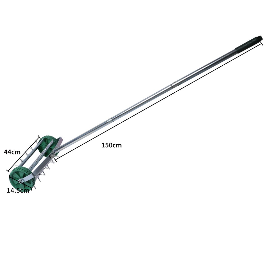 Lawn Aerator Roller with galvanized steel spikes and ergonomic handle, designed for effective soil aeration in gardens.