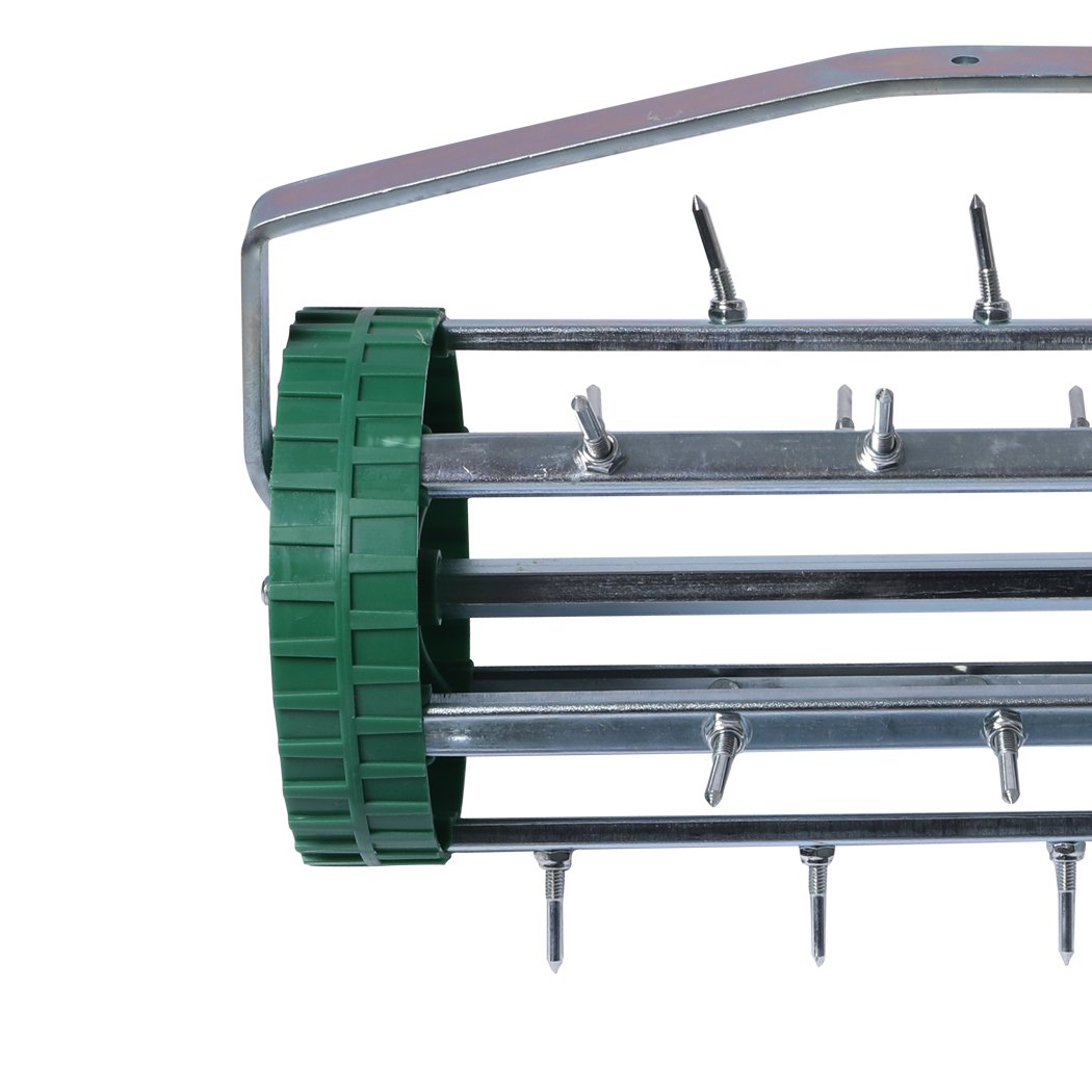 Lawn Aerator Roller with galvanized steel spikes and ergonomic handle, designed for effective soil aeration in gardens.