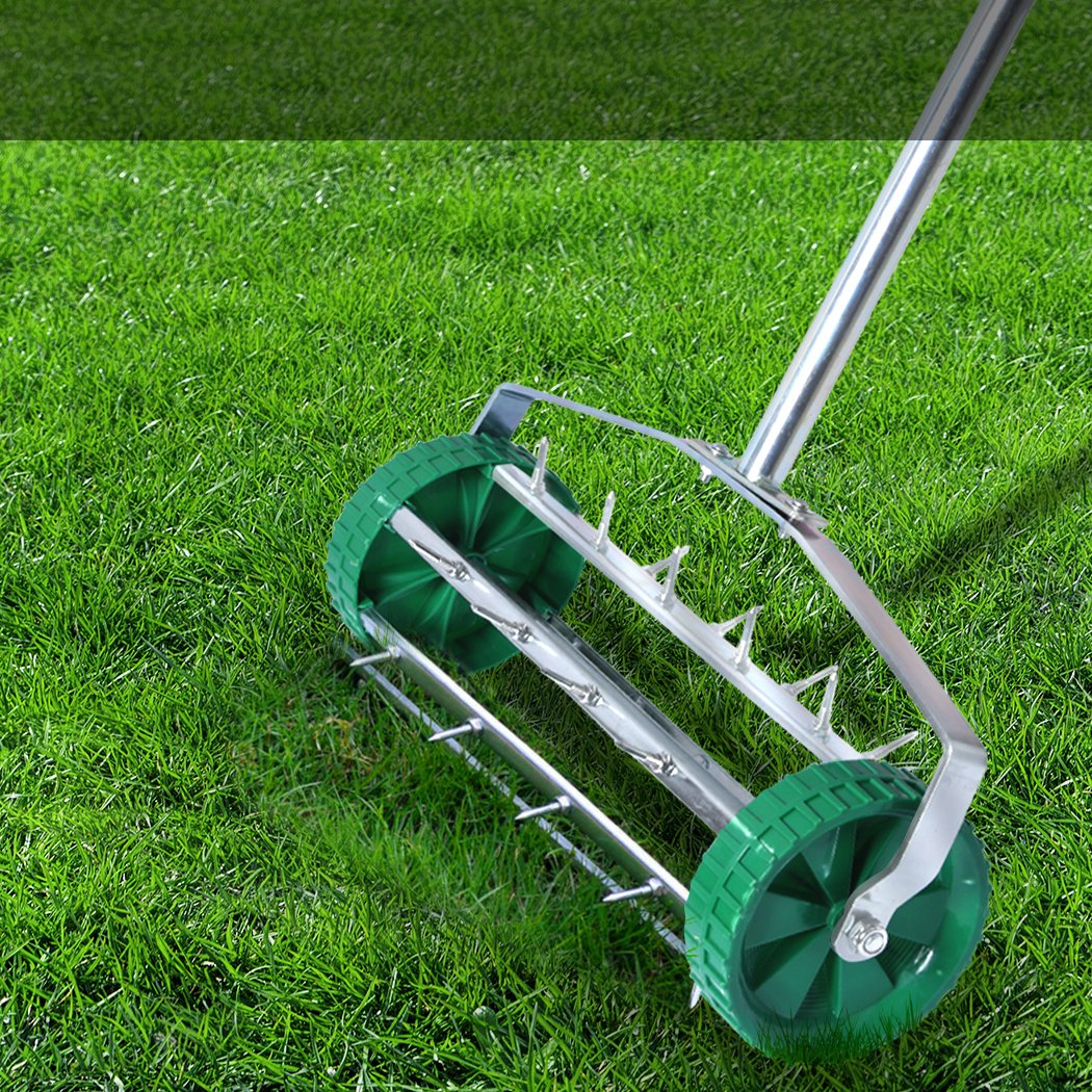 Lawn Aerator Roller with galvanized steel spikes and ergonomic handle, designed for effective soil aeration in gardens.