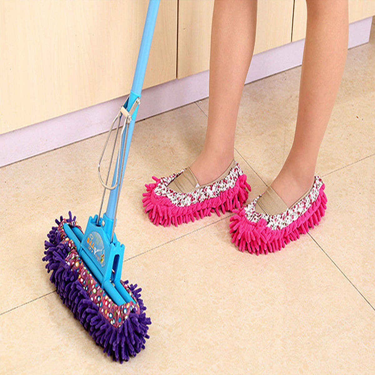 Colorful Lazy Maid Quick Mop Slip-On Slippers designed for easy floor cleaning, featuring soft polyester material and elastic for a snug fit.