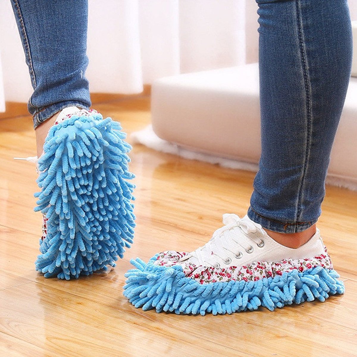 Colorful Lazy Maid Quick Mop Slip-On Slippers designed for easy floor cleaning, featuring soft polyester material and elastic for a snug fit.