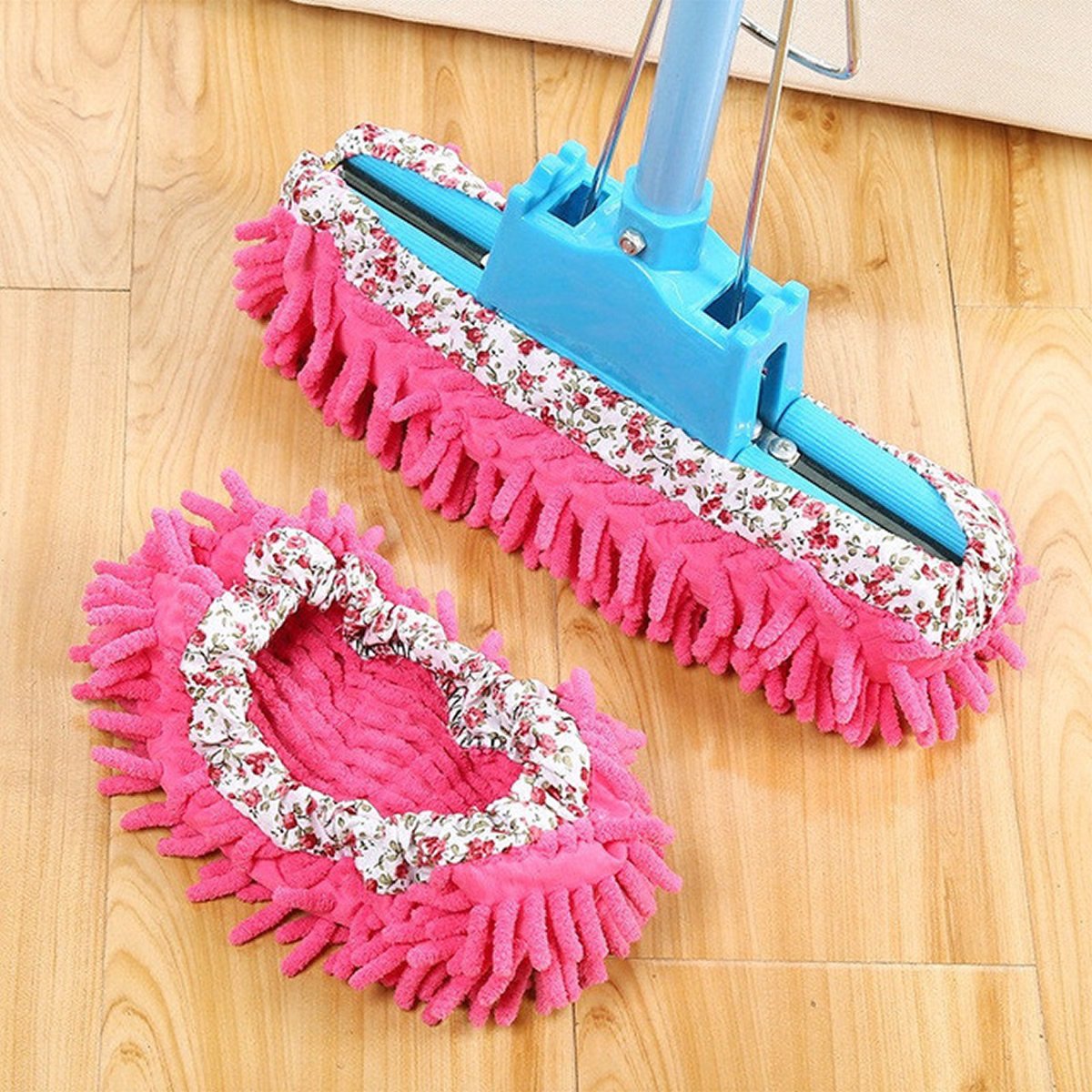 Colorful Lazy Maid Quick Mop Slip-On Slippers designed for easy floor cleaning, featuring soft polyester material and elastic for a snug fit.