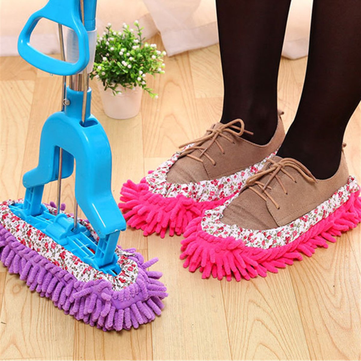 Colorful Lazy Maid Quick Mop Slip-On Slippers designed for easy floor cleaning, featuring soft polyester material and elastic for a snug fit.