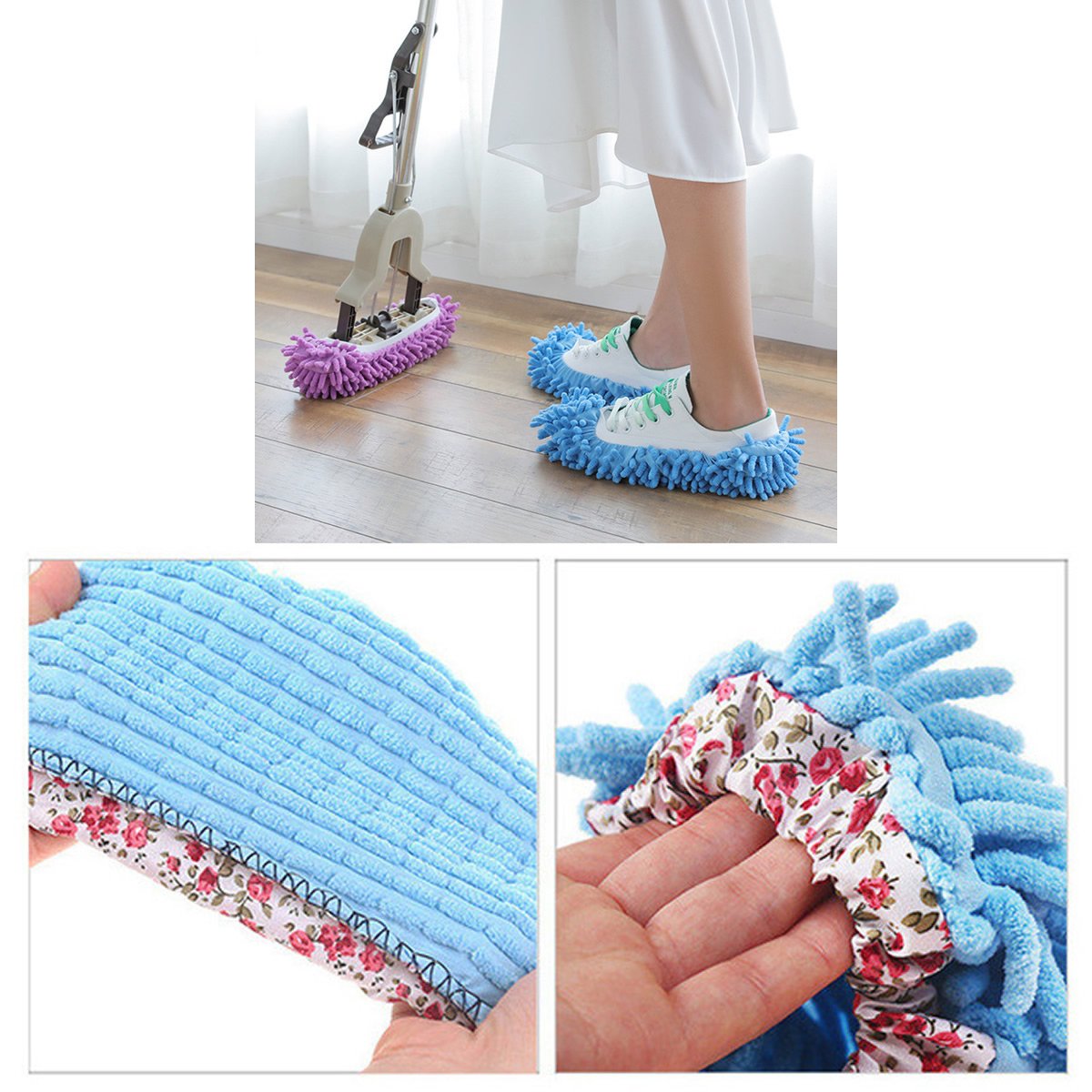 Colorful Lazy Maid Quick Mop Slip-On Slippers designed for easy floor cleaning, featuring soft polyester material and elastic for a snug fit.