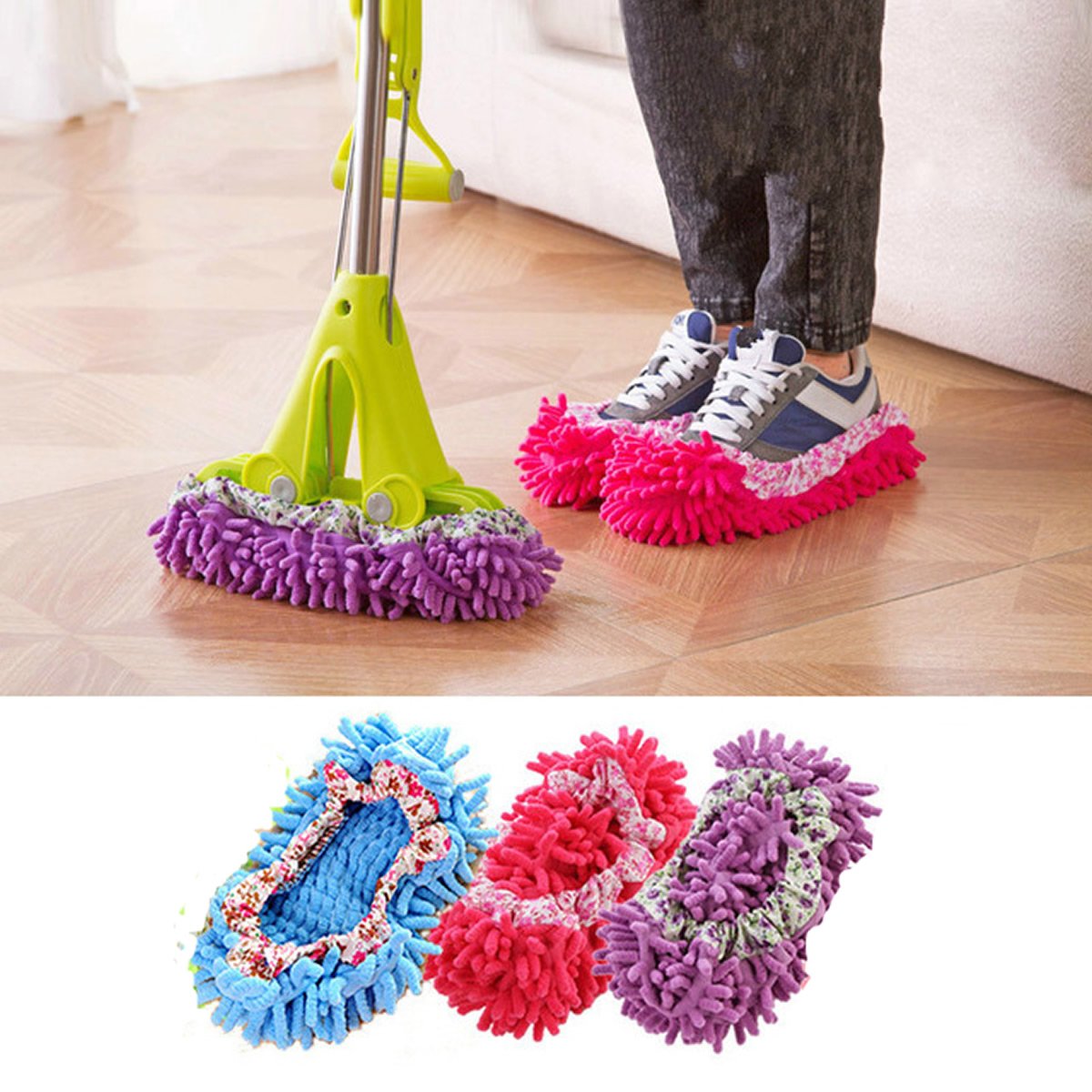 Colorful Lazy Maid Quick Mop Slip-On Slippers designed for easy floor cleaning, featuring soft polyester material and elastic for a snug fit.