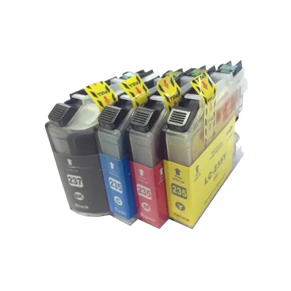 LC-237 LC-235 Premium Inkjet Compatible Set featuring four cartridges: black, cyan, magenta, and yellow in a boxed set.