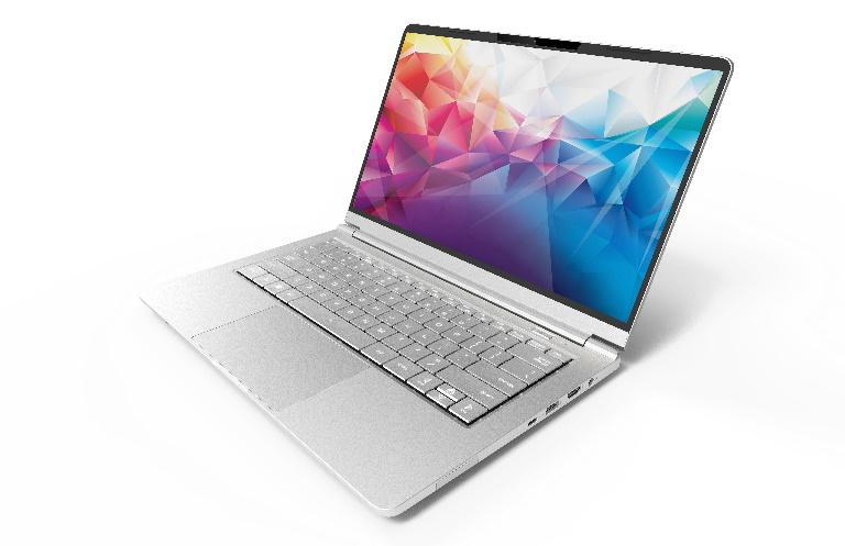 LEADER Ultraslim Companion 427 laptop with a 14-inch Full HD display, Intel i5 processor, and sleek silver aluminum design.