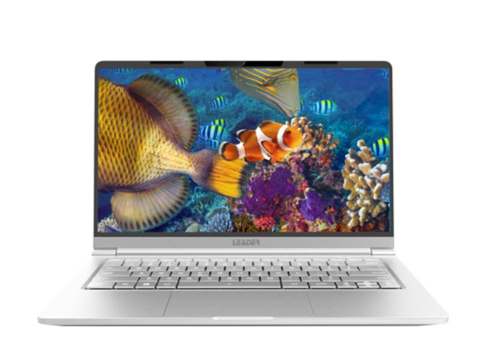 Leader Ultraslim Companion 427PRO laptop with a 14-inch Full HD display in silver aluminum finish, showcasing its sleek design and lightweight build.