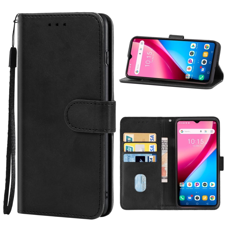 Black leather phone case for Infinix Smart 5 Pro, showcasing its sleek design and practical features like card slot and stand.