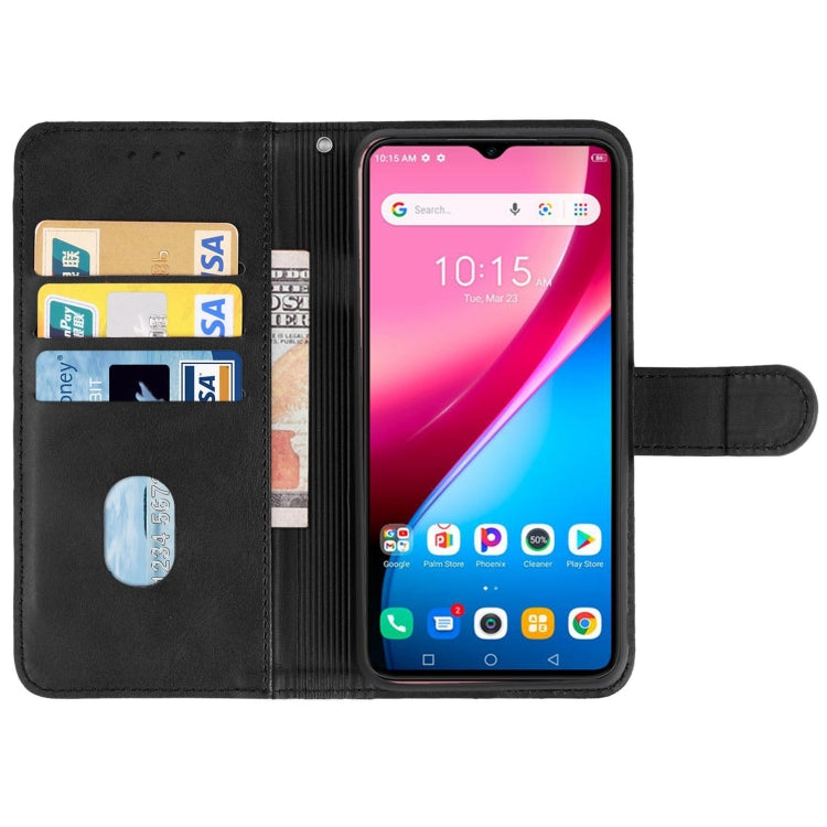 Black leather phone case for Infinix Smart 5 Pro, showcasing its sleek design and practical features like card slot and stand.