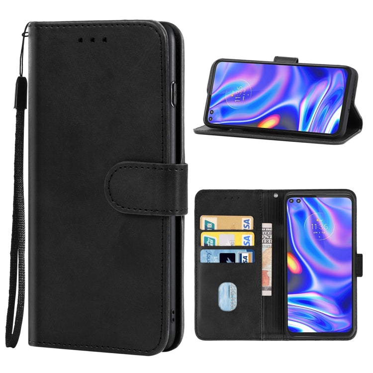 Black leather phone case designed for Motorola One 5G, featuring card slots and a holder for horizontal viewing.