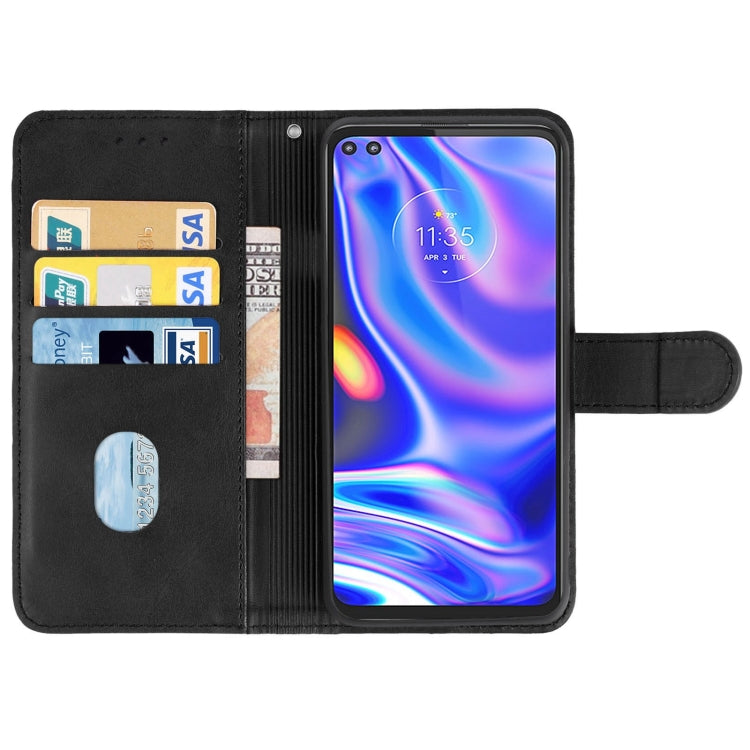 Black leather phone case designed for Motorola One 5G, featuring card slots and a holder for horizontal viewing.