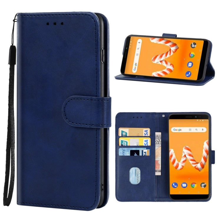 Blue leather phone case designed for Wiko Sunny3 Plus, featuring card slots and a holder for horizontal viewing.