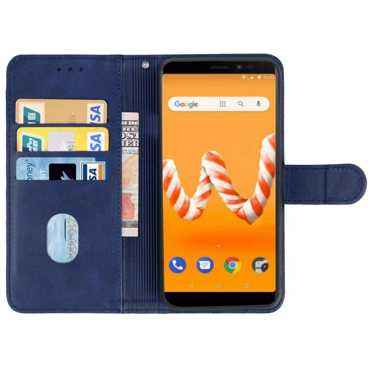 Blue leather phone case designed for Wiko Sunny3 Plus, featuring card slots and a holder for horizontal viewing.