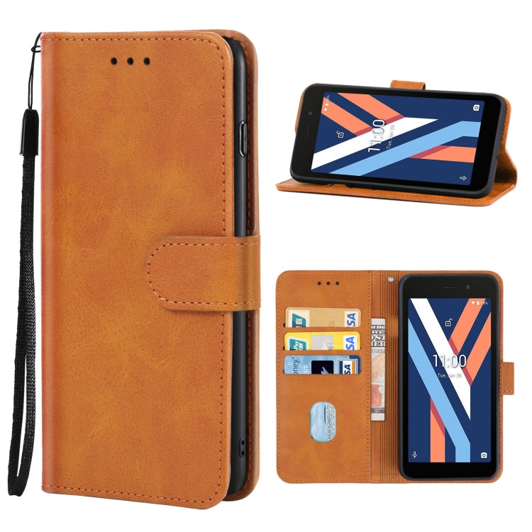 Brown leather phone case designed for Wiko Y52, featuring card slots and a holder for horizontal viewing.