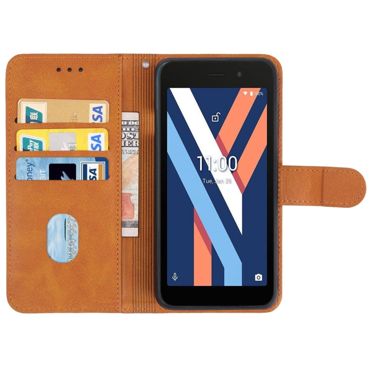 Brown leather phone case designed for Wiko Y52, featuring card slots and a holder for horizontal viewing.