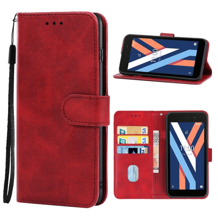 Red leather phone case designed for Wiko Y52, featuring card slots and a holder for horizontal viewing.