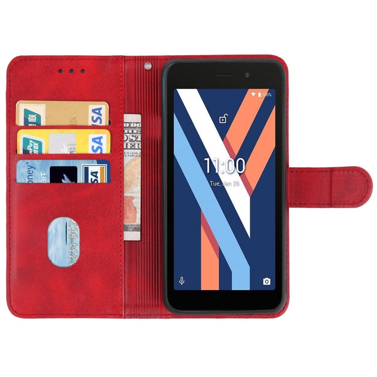 Red leather phone case designed for Wiko Y52, featuring card slots and a holder for horizontal viewing.