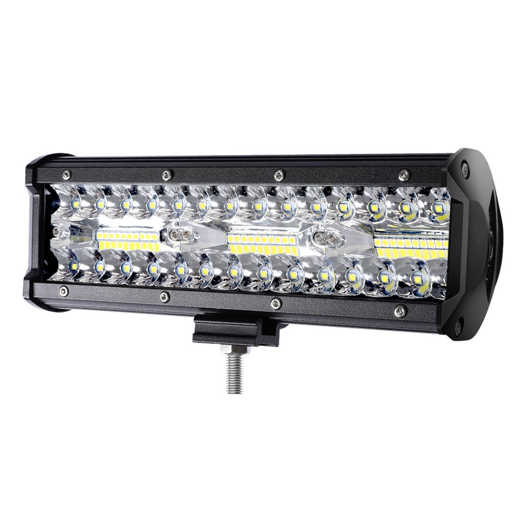 LED Light Bar with spot and flood beam features, showcasing durable aluminum casing and PMMA lens, ideal for off-road and camping use.