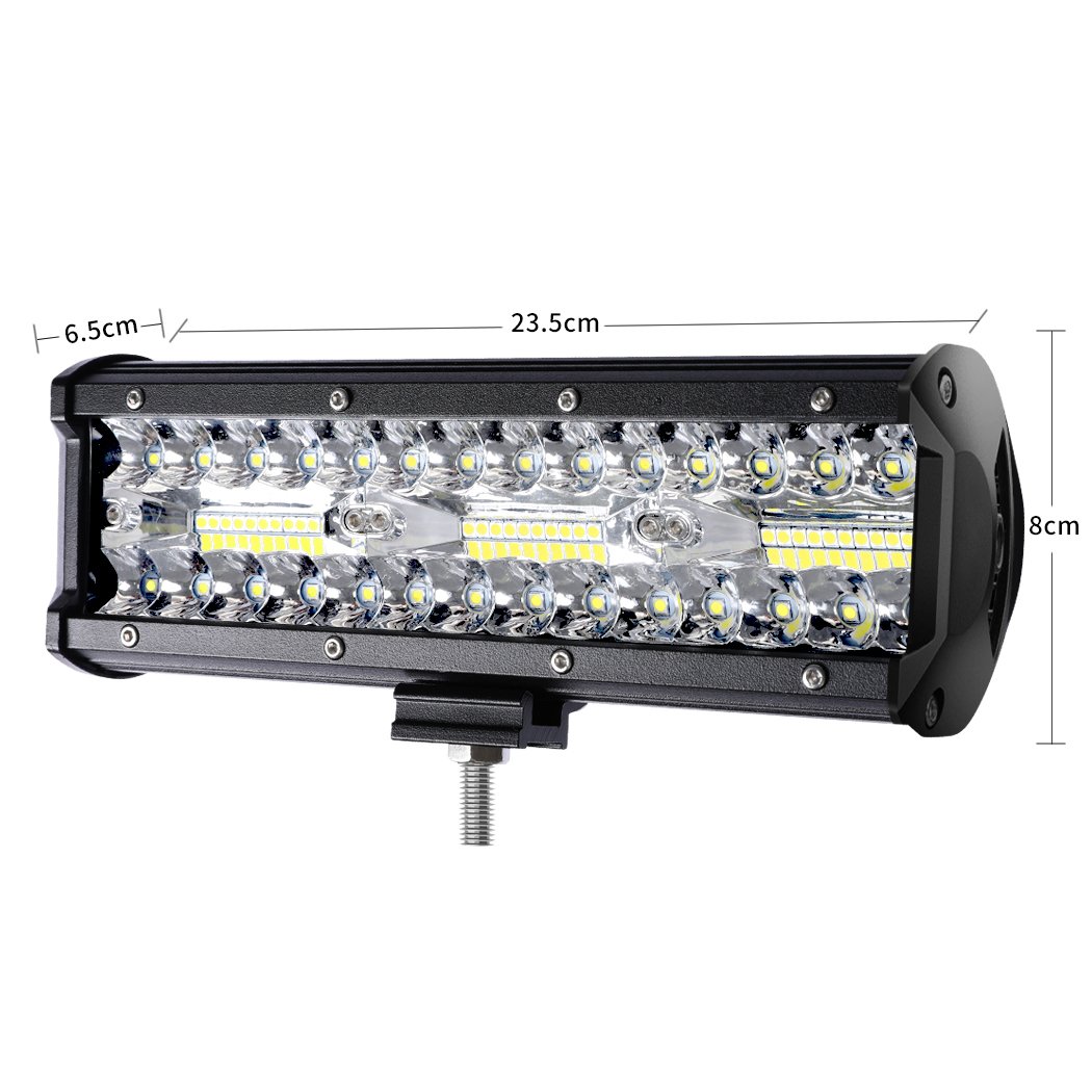 LED Light Bar with spot and flood beam features, showcasing durable aluminum casing and PMMA lens, ideal for off-road and camping use.