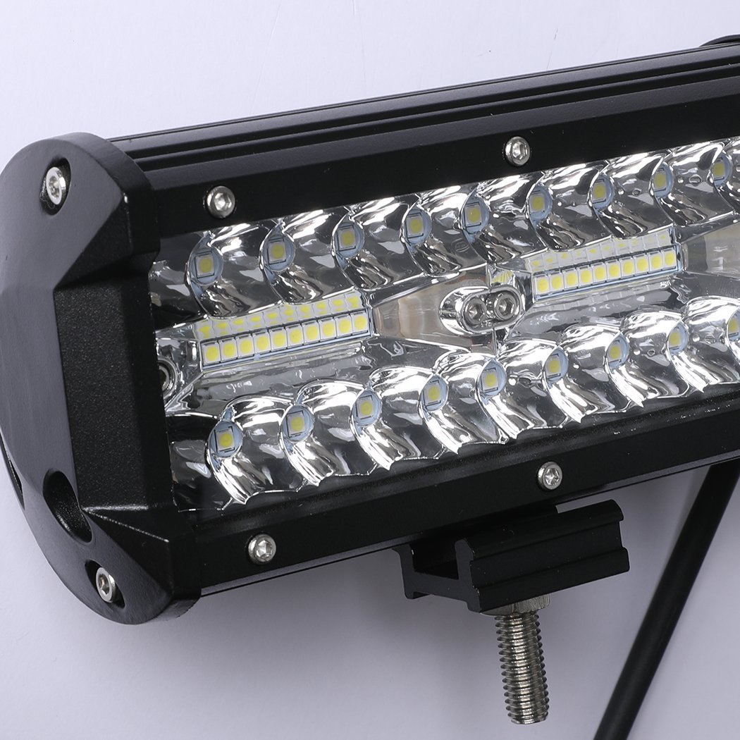 LED Light Bar with spot and flood beam features, showcasing durable aluminum casing and PMMA lens, ideal for off-road and camping use.