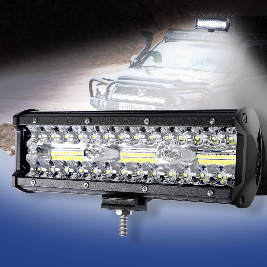 LED Light Bar with spot and flood beam features, showcasing durable aluminum casing and PMMA lens, ideal for off-road and camping use.